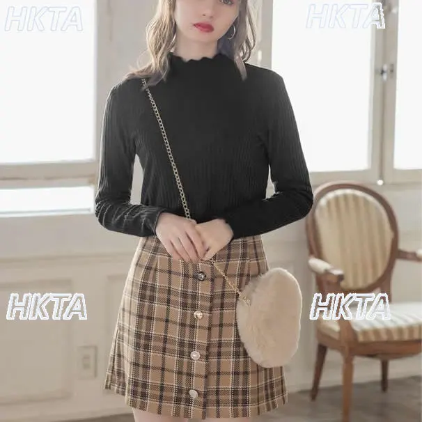 

Japanese Style Commuter Fungus Edge Slim Pit Strip Crew Neck Knitted Sweater Top Women Autumn Lace Black Pullover Sweater Girls
