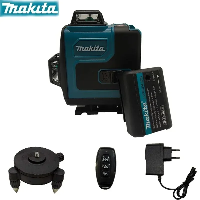 Makita 3D-4D 16-Line Green Beam Laser Level, 360° Horizontal/Vertical Lines, Fine Adjustment Knob, Portable for Job Sites.