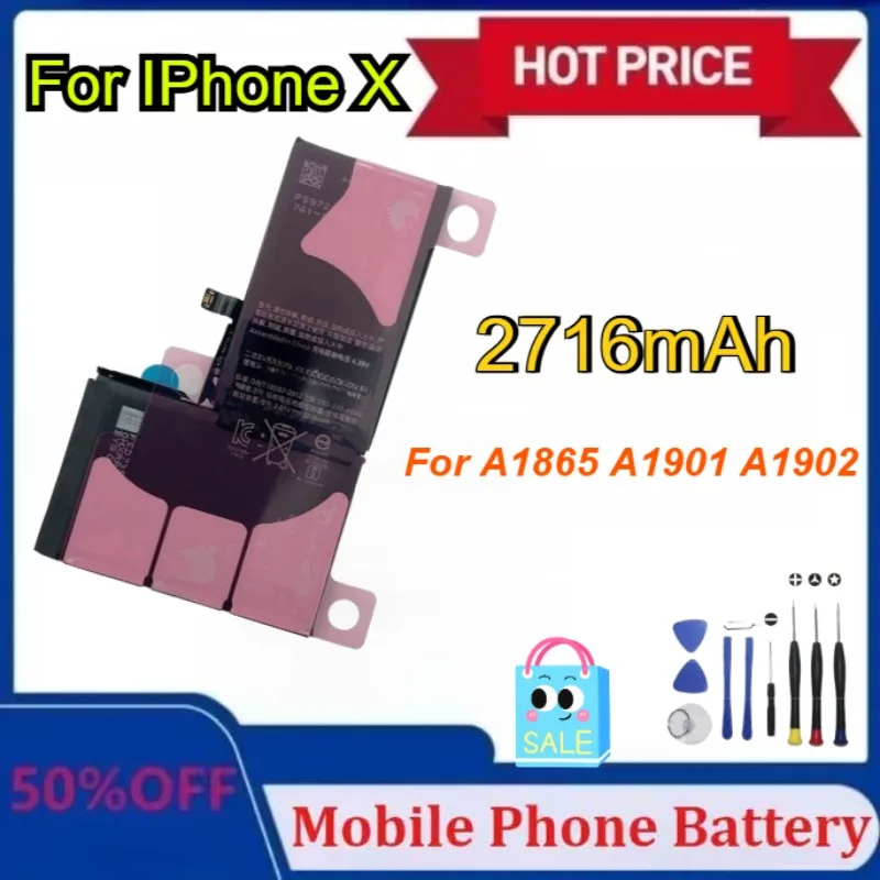 

Upgraded for IPhone X Mobile Phone Batteries A1865 A1901 2716mAh High-Quality New Zero-Cycle Replacement Battery + Tools