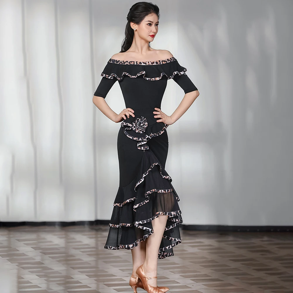 Women's Practice Ballroom Dance Dress New Ballroom Dance Line Collar suit Short-sleeved Shirt Dress Leopard Print Stage Dress