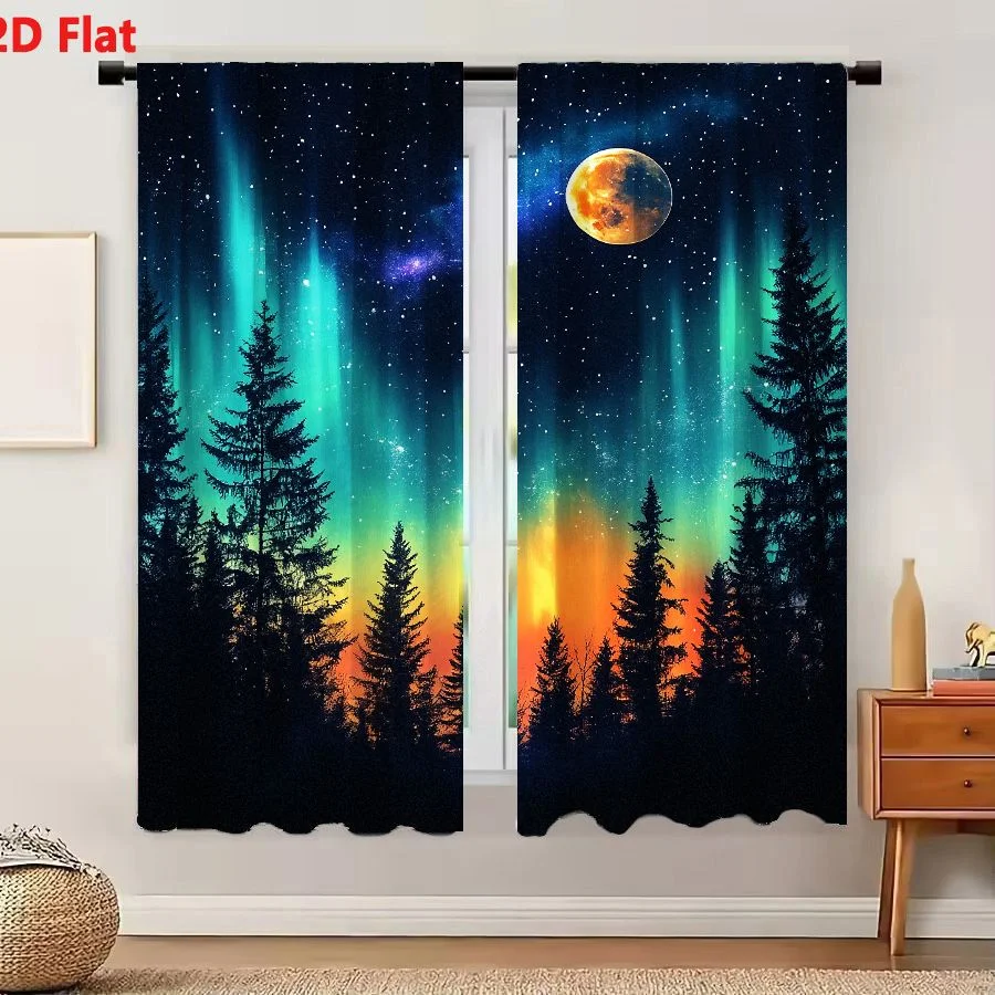 2Pcs Curtains 2D Flat Vibrant Night Sky Aurora Borealis Over Pine Forest With Glowing Moon And Nebula Window Drapes for Bedroom