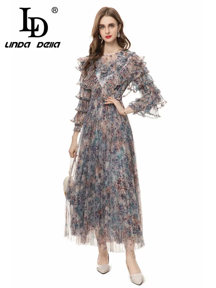 LD LINDA DELLA Summer Runway Temperament Vacation Dress Women's Small Floral Print Net Yarn Cascading Ruffle Long Dresses