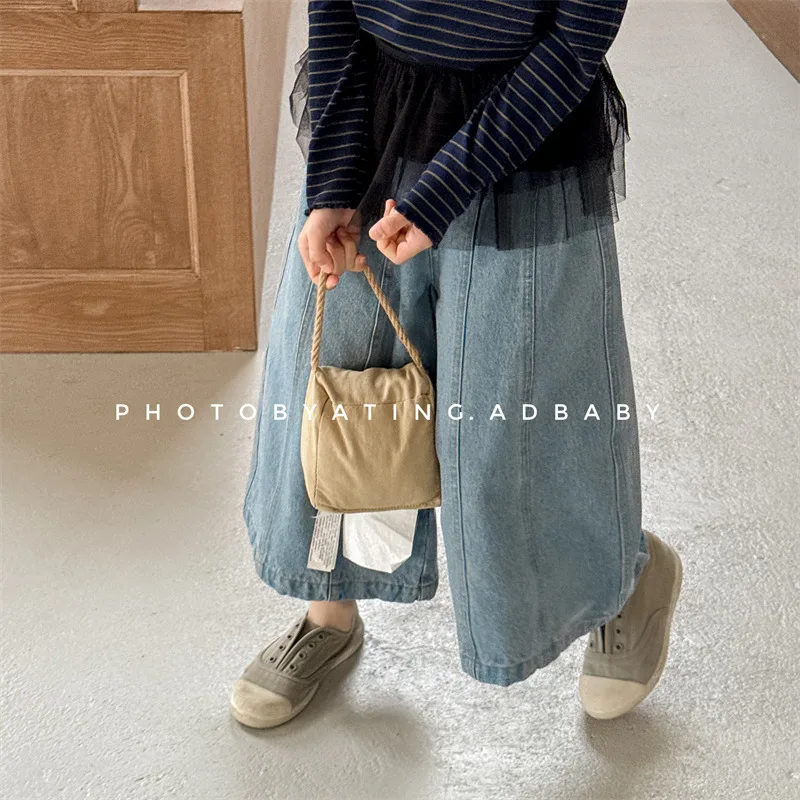 

2025 Autumn New Children Denim Trousers Solid Girls Loose Wide Leg Pants Toddler Casual Cropped Pants Kids Versatile Jeans