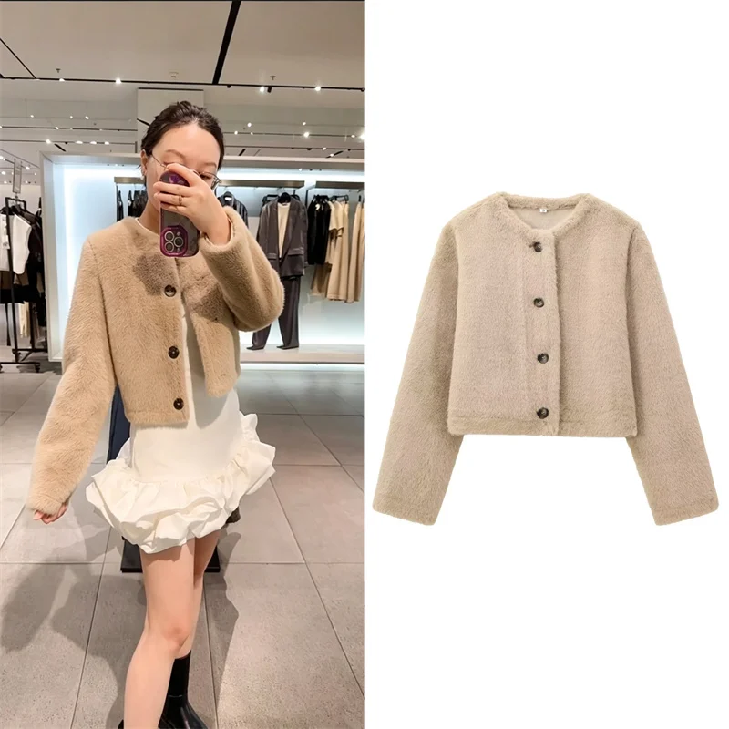Guobioziy Women's Top 2026 Autumn/Winter New Sweet Fashion Faux Fur Effect Round Neck Long Sleeve Cropped Jacket