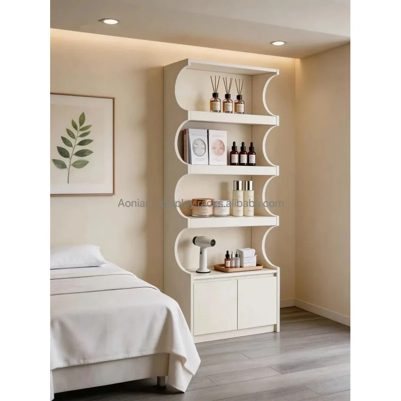 custom.Luxury Customized Painted Wood Display Stand Durable White Display Stand Beauty Salon