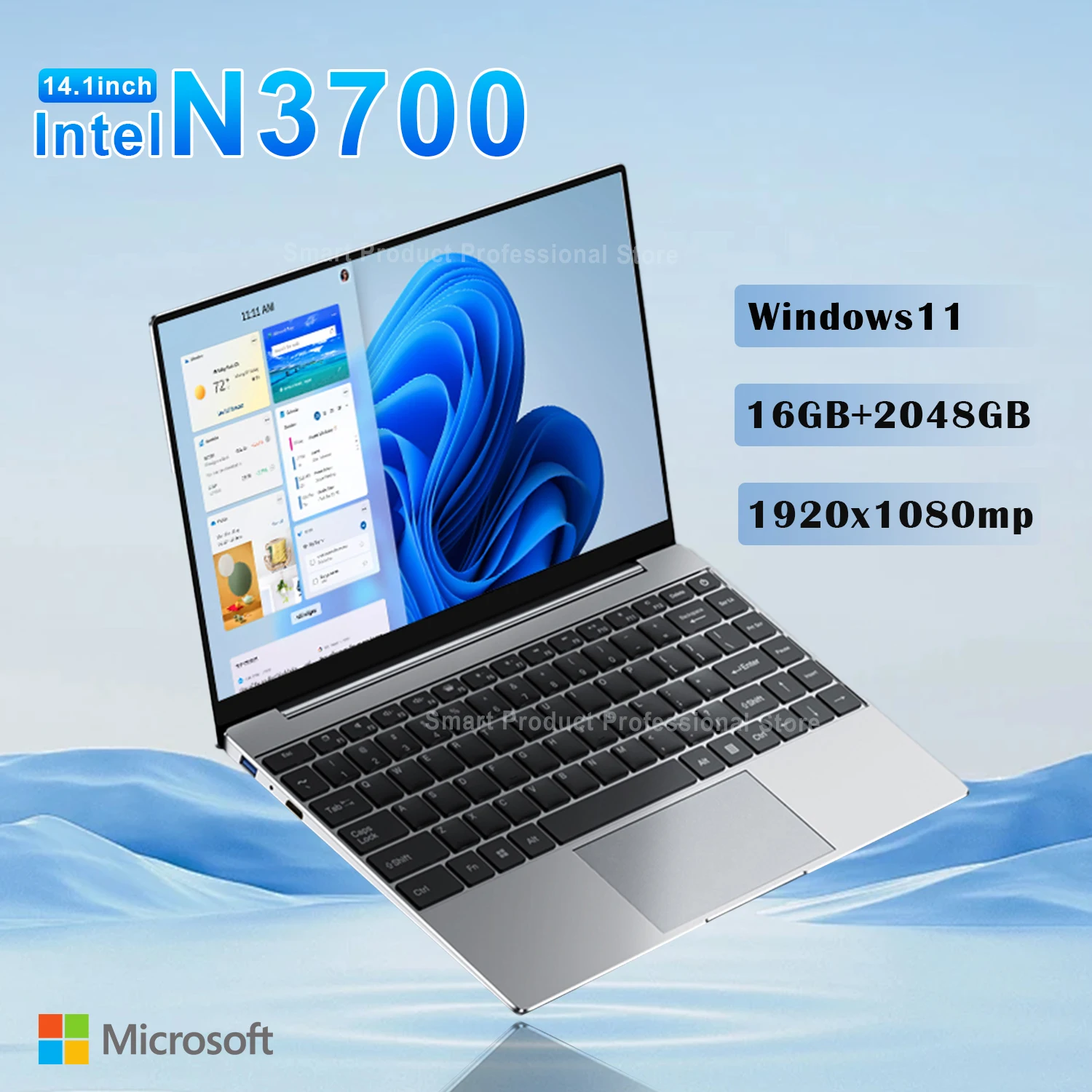 كمبيوتر محمول 14.1 بوصة Intel Pentium N3700 Windows 11 16GB RAM Notebook 1920*1080 دقة فتح الكمبيوتر مكتب دراسة ألعاب الكمبيوتر