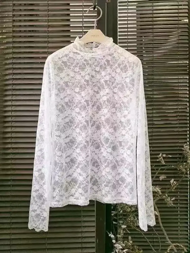 

Spring Autumn White Lace High Collar Women's Base Shirt Comfortable Thin Netting Top Inner Wear Fashionable Breathable