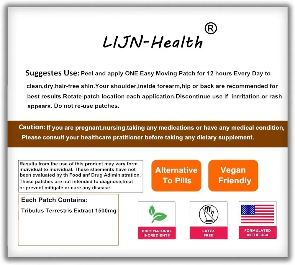 Tribulus Terrestris Extrato Transdermico Patches Power Booster com Bloqueador de Estrógeno Fornecimento de um mês