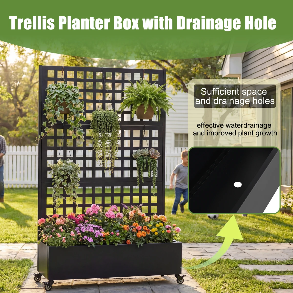 Metal Raised Garden Bed with Wheels and Trellis,73