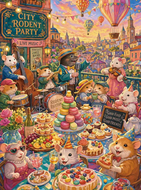 Whimsical Rodent Jigsaw Puzzle 500/1000/1200/2000PCS Rooftop Jazz Party Mice Band Cake Balloon Town DIY Assembly Home Ornament