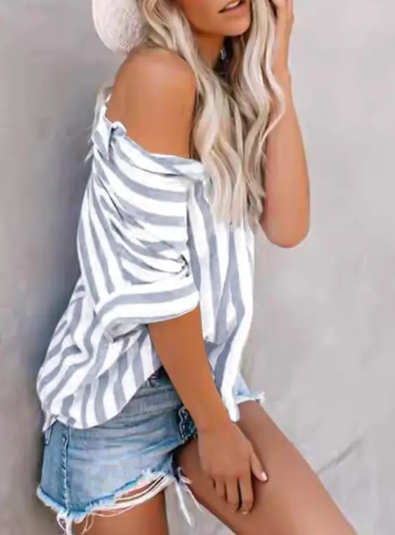 

Women's Casual Printed Stripe Contrast Short Sleeve Cardigan Shirt Top Spring/Summer 2025 Commuting Wear