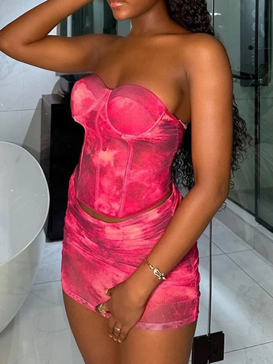 ZIML Set Dua Potong Cetak Warna Populer untuk Wanita Rompi Punggung Terbuka Tanpa Lengan Tanpa Tali Rok Mini Pinggang Tinggi Set Chic Wanita Baru