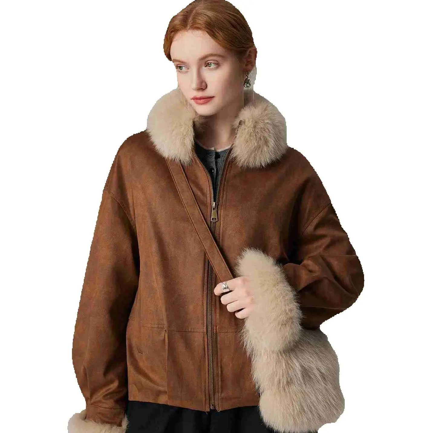 Crossbody bag, down jacket, goose down inner liner, coat, fur coat, women's winter high-end look with fur