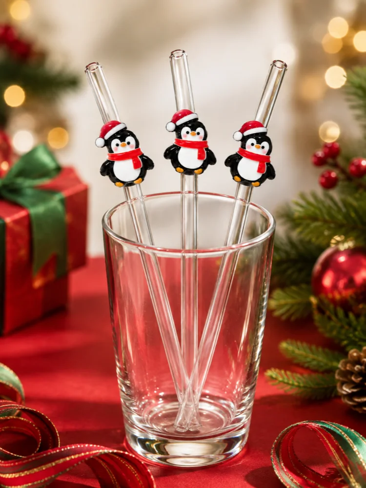 3PCS Christmas Cute Penguin Decor Curved Glass Straws. Reusable for Coffee, Milk Tea, Juice, Smoothies, Cold & Hot Drinks