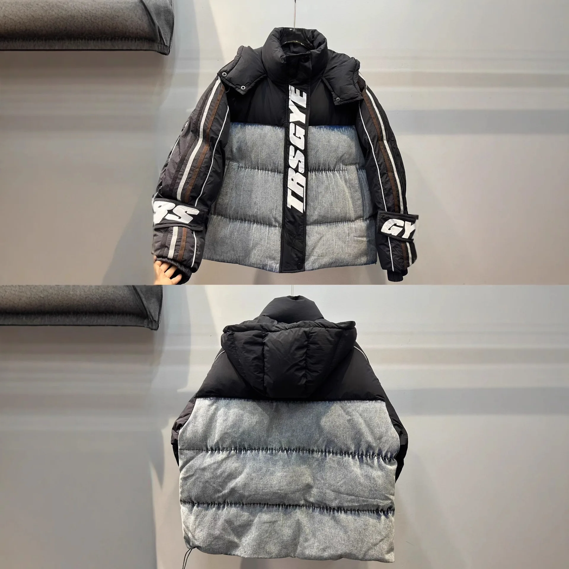 Kurtka motocyklowa damska w stylu europejskim, bawełniana, jesień-zima 2025, nowa, z nadrukiem liter, patchworkowa, luźna kurtka puchowa z denimu.