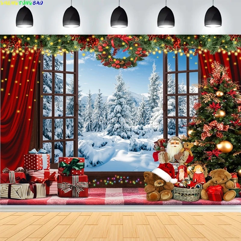

Christmas Day New Year Party Photography Backdrops Prop Window Living Room Interior Xmas Tree Snow Theme Photo Background BG-46