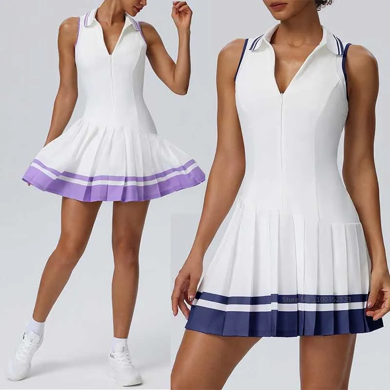 Women Sleeveless Tennis Dress Zip Up Pleated Mini Dress V-Neck Sporty Golf Outfits with Bra and Short Slim Casual Tennis Skirts