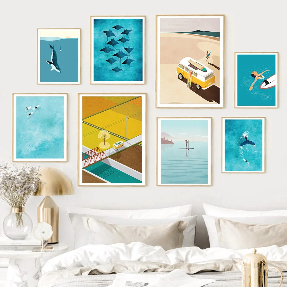 Beach Sea Bus Whale Girl Surfboard Wall Art Canvas Painting Abstract Posters And Prints Pictures For Living Room Home Decoration