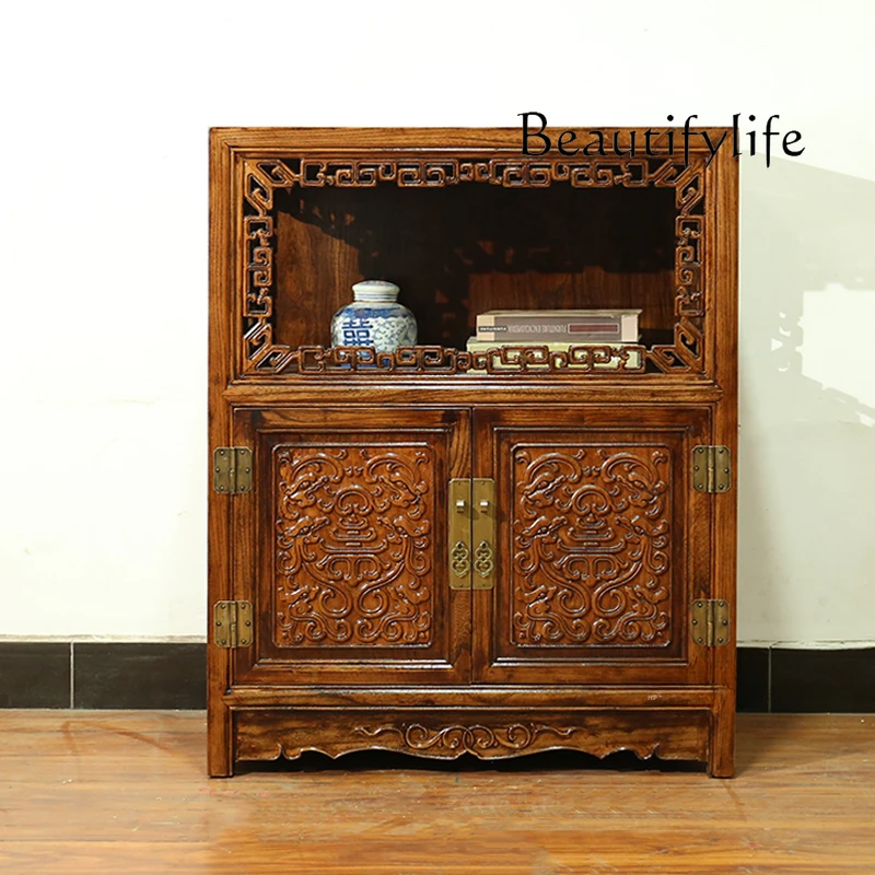 Nordic New Chinese Style Solid Wood Carving Entrance Cabinet Household Minimalist Storage Cabinet