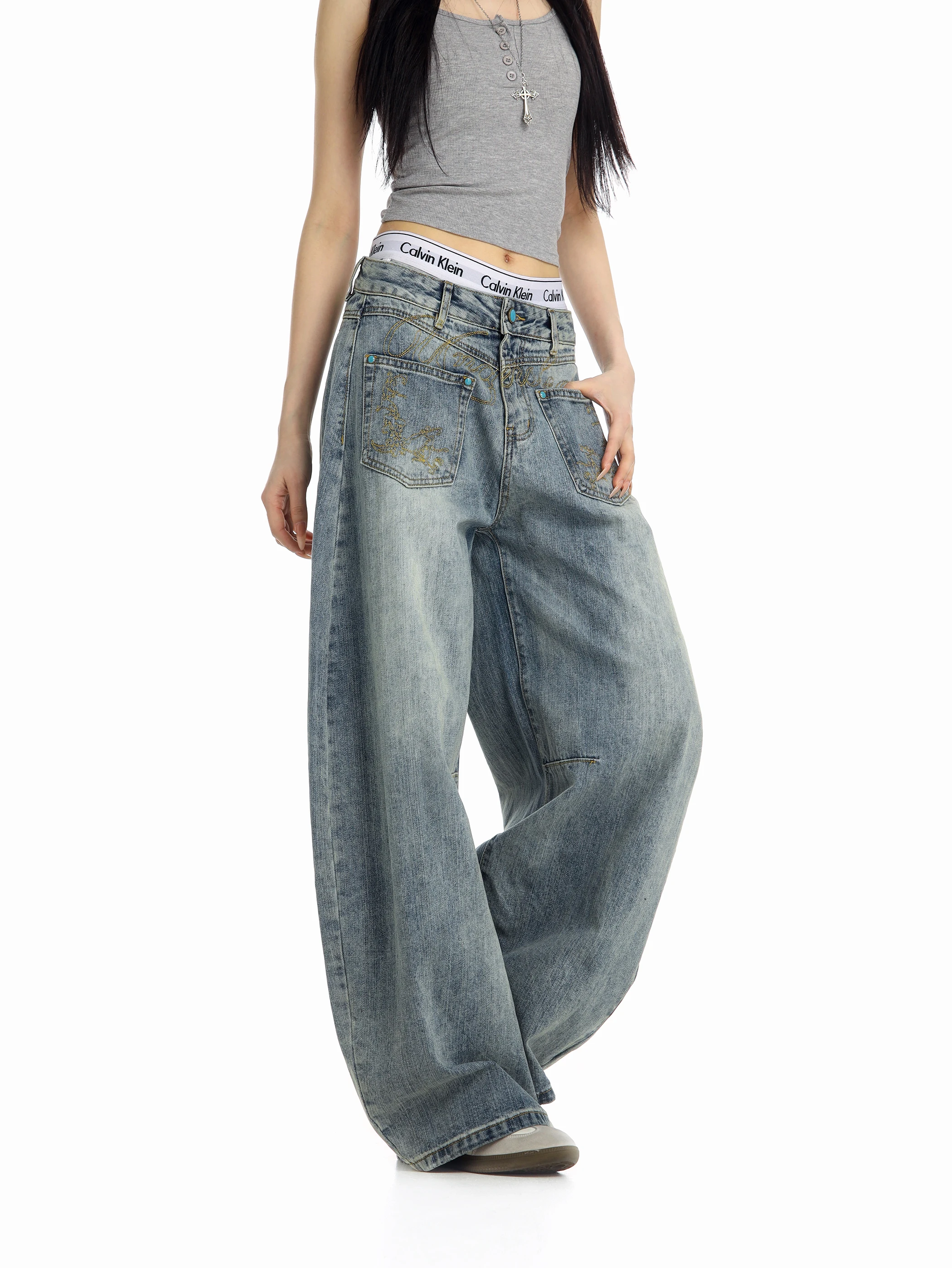 

Vintagebeer Captain Casual Loose Fit Straight Leg Jeans Men Women Design Sensation Retro High Street Trend Cotton Stretch