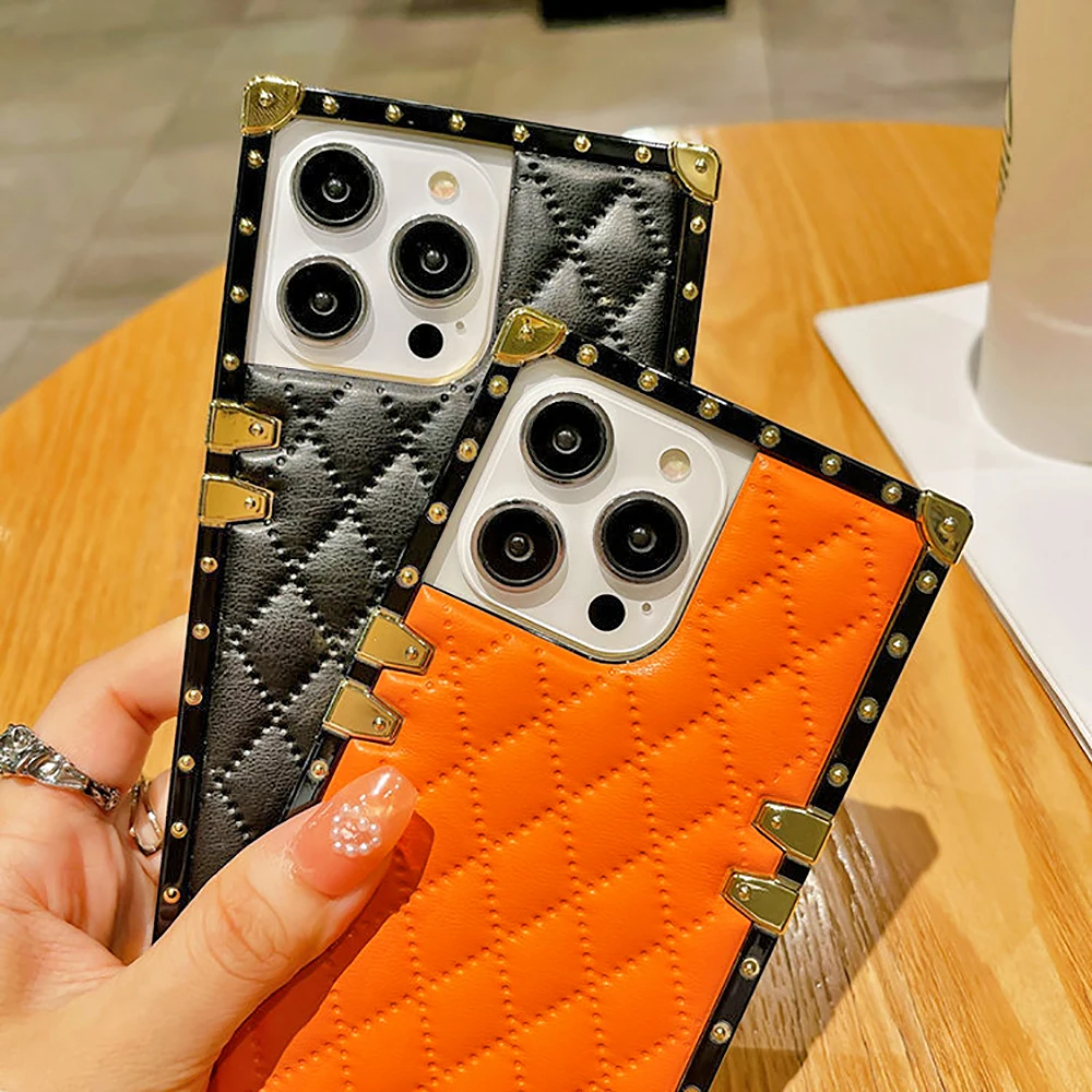 Leather Rhombic Lattice Square Phone Case For Samsung Galaxy S23 S22 S21 Plus Ultra S20FE Note20 10 Pro Metal Protect Back Cover image 6