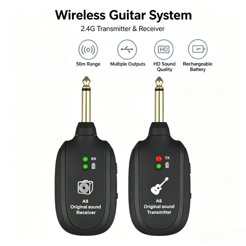 A8 Wireless Guitar System Rechargeable Transmitter Receiver 50M Low Latency Audio for Electric Guitar Bass Violin