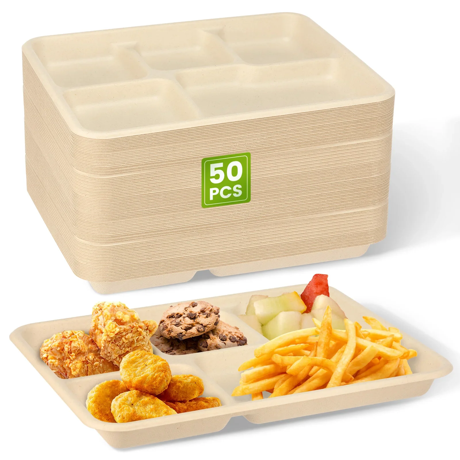 50Pcs Disposable Paper Plates 5 Compartment School Lunch Trays Compostable Bagasse Plates Compartment Plates for Buffet Party