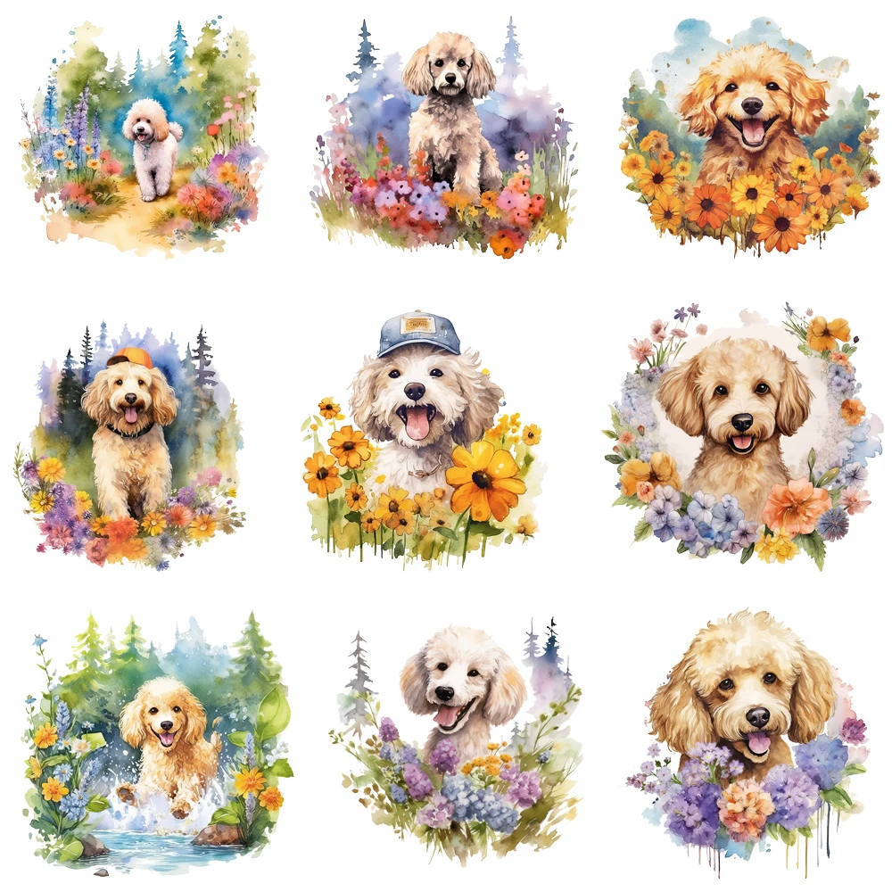 15cm Fine Sunflower Happy Poodle Dog with Flower Diy DTF Heat Transfer Sticker T-shirt Clothes Decal Iron On Transfer Stickers