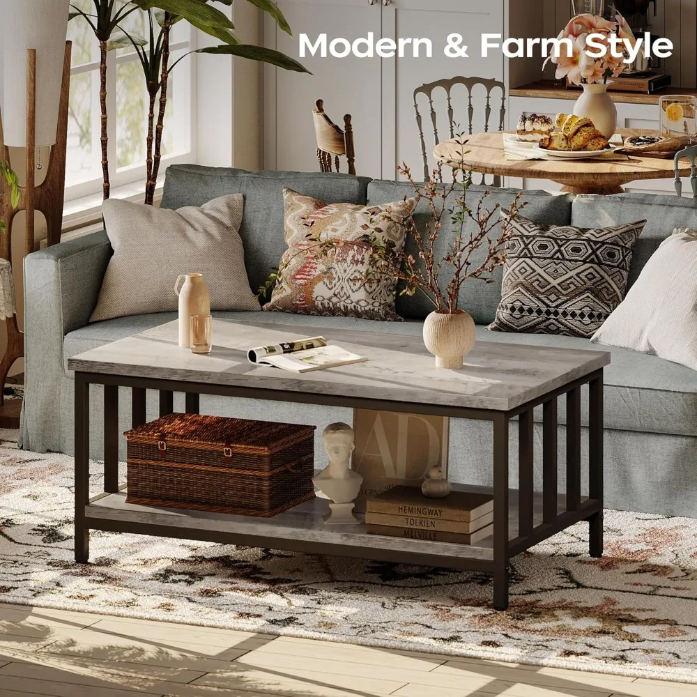 طاولة قهوة لغرفة المعيشة بإطار شرائحي، طاولة غرفة معيشة حديثة للمزرعة مع رف تخزين من طبقتين
