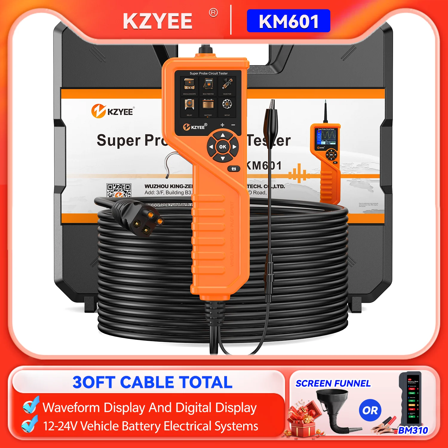 KZYEE KM601 12-24V zestaw sond obwodu zasilania samochodowego multimetr/oszczelka/test przekaźnika/test akumulatora/narzędzia testowe wtryskiwacza paliwa