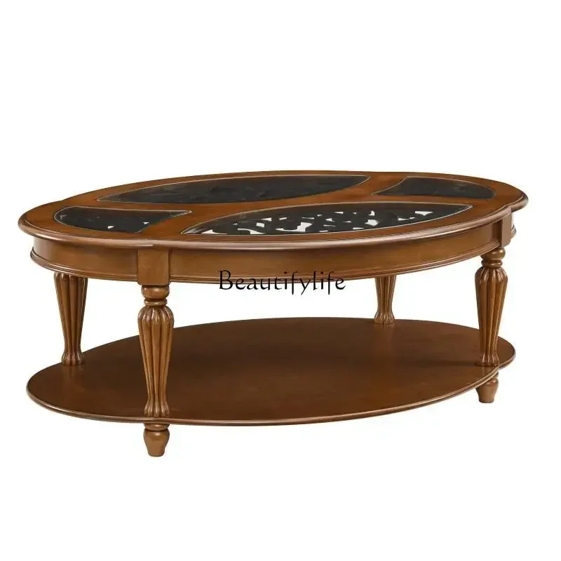 

1PJ12PJ12Solid wood oval coffee table old round coffee table glass simple medium and ancient style