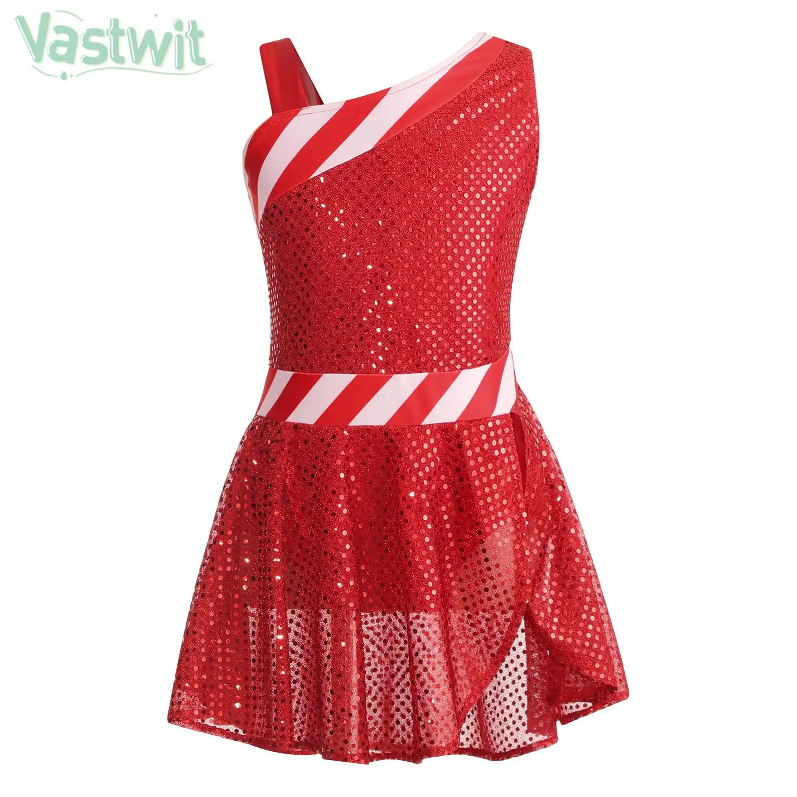 Girl Christmas Halloween New Year Dress Up Costume Sleeveless Shiny Sequin Leotard Tutu Ballet Dance Skating Gymnastics Bodysuit