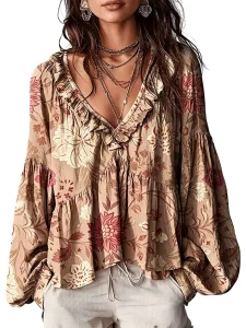 Blusa de outono com decote em V, camisa de manga comprida para mulher, blusa de primavera, peça casual, elegante, moderna, para usar no dia a dia e em