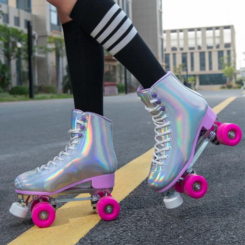 Silver Roller Skates Shoes Quad 4 Wheels Skating Professional Brush Street Roller Skating Rink Sliding Outdoor Sports Shoes Gift