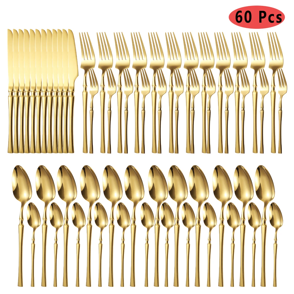 60pcs Gold Dinnerware Set Stainless Steel Tableware Knife Tea Fork Coffee Spoon Dinner Cutlery Flatware Dishwasher Safe