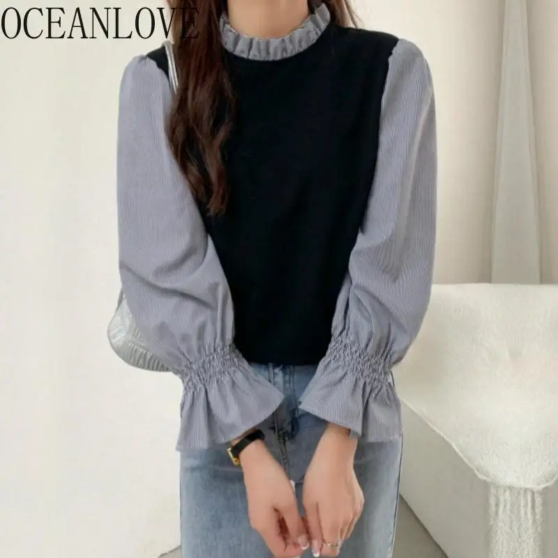 OCEANLOVE Flare Sleeve T Shirt for Women Fake 2 Pieces Japanese Style Vintage Ropa De Mujer Spring Autumn Ruffles Sweet Tees