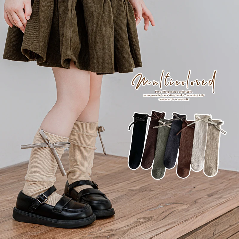 Korean Style Girls Long Stockings Ornate With Beautiful Satin Ribbon Bow And Neat Vertical Striped Pattern Soft Comfort Hosiery