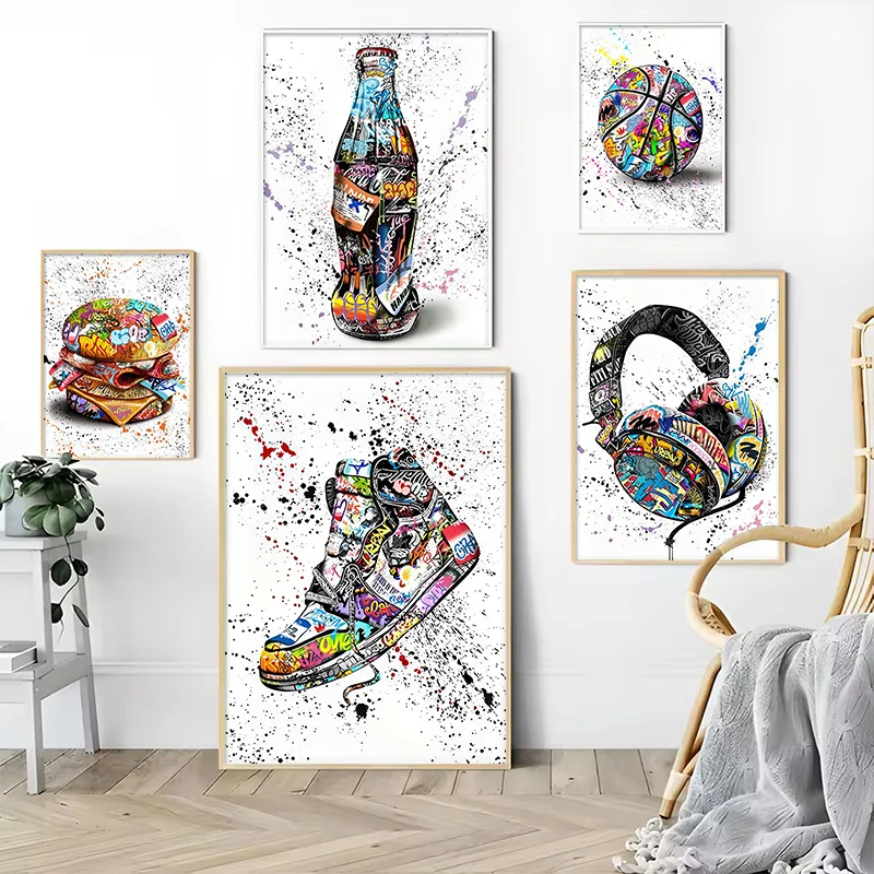 Colorful Graffiti Football Poster Game Console Helmet Rugby French Fries Perfume Headphones Canvas Painting Wall Art Decoration