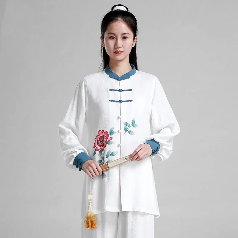 

Martial Art Uniform Tai Chi Clothes Wushu Clothing Kung Fu Dress Girl Women Kun Master Hand-painted Flower 2023 New Style White