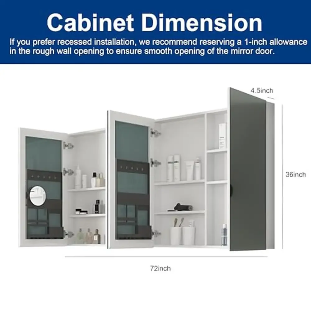 Bathroom Medicine Cabinet Mirror with Hidden Storage 72x36 Wall Mounted HD Mirror Organizer Makeup Brushes Lipsticks