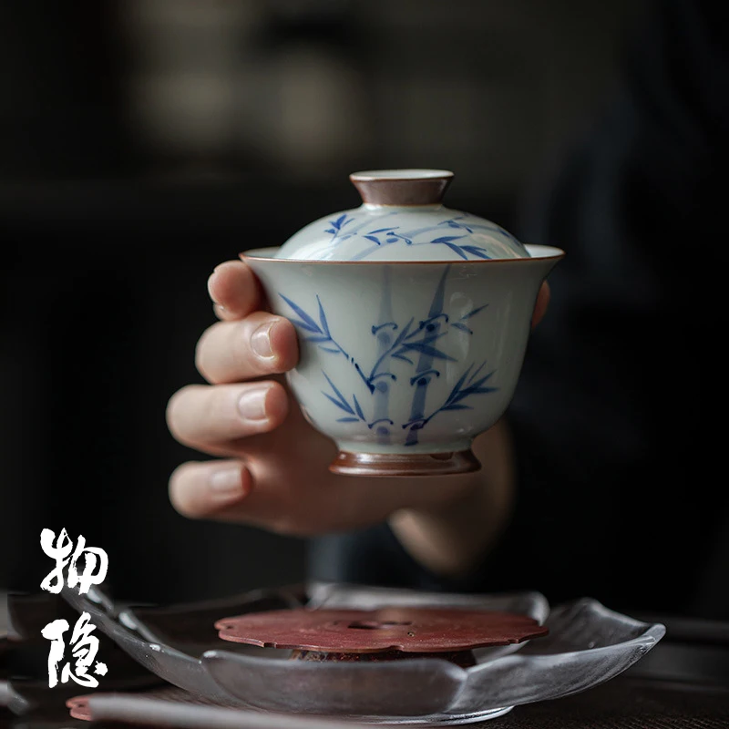 

WunTang Ancient Imitation Hand-Painted Bamboo Blue Cerc Tea Bowl High Foot Gongfu Tea Set Home Use Dining Utensils