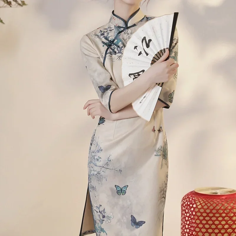 2024 Cheongsam Chinese Dress Vintage Floral Print Women Traditional Qipao Long Robe Short Sleeve Party Dresses MN12