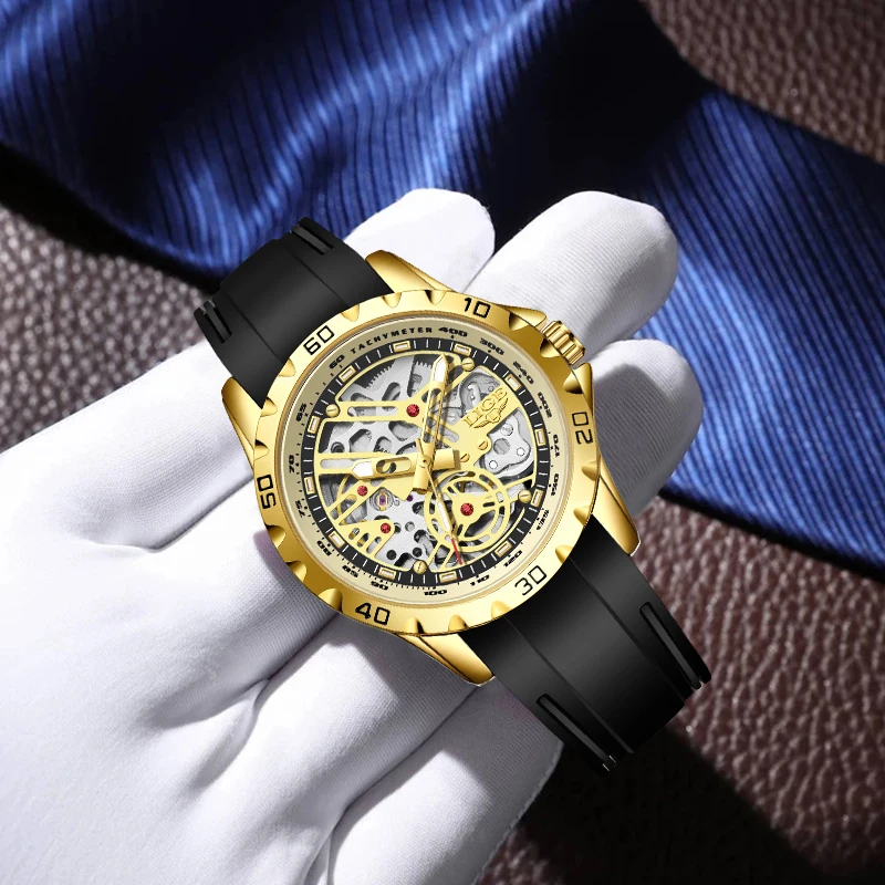 LIGE Fashion Casual Mechanical Man Watch Tourbillon Hollow Waterproof Luminous Watches for Men Silicone Clock Automatic Movement