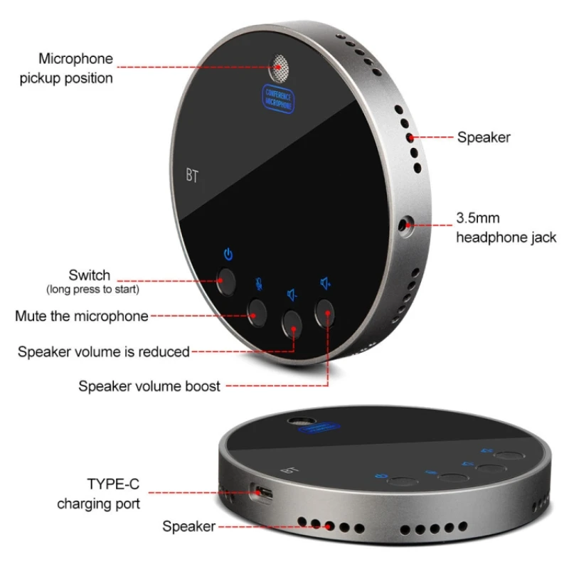 Microfone de alto-falante de conferência USB de mesa BT com alto-falante Microfone de computador Microfone condensador para 360 °   Reunião para várias pessoas