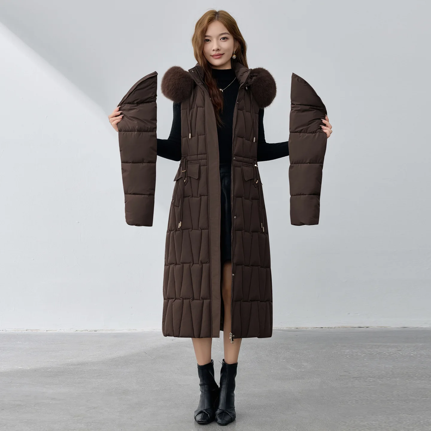 

Women's Mid-length Coat Winter Fashion Loose Fit Detachable Sleeves Fur Collar Outwear Thickened Warm Hooded Down Cotton Jacket