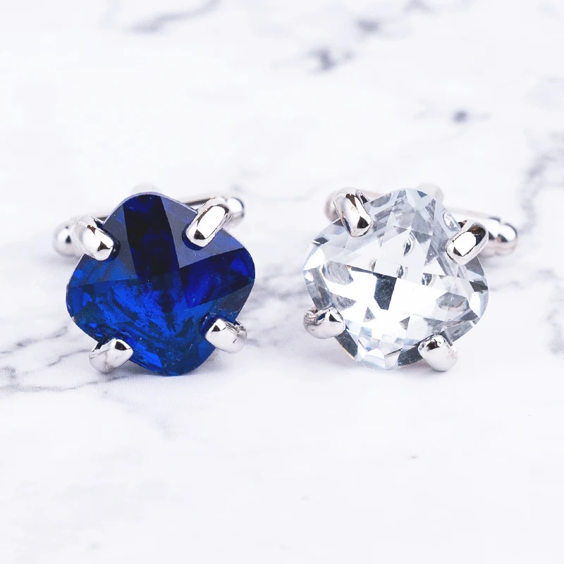 Lüks Kristal Kol Düğmeleri Erkek Gömlek Yüksek Kaliteli Mavi Beyaz Kare Rhinestone Manşet Düğmeleri Damat Düğün Takı Hediyeler