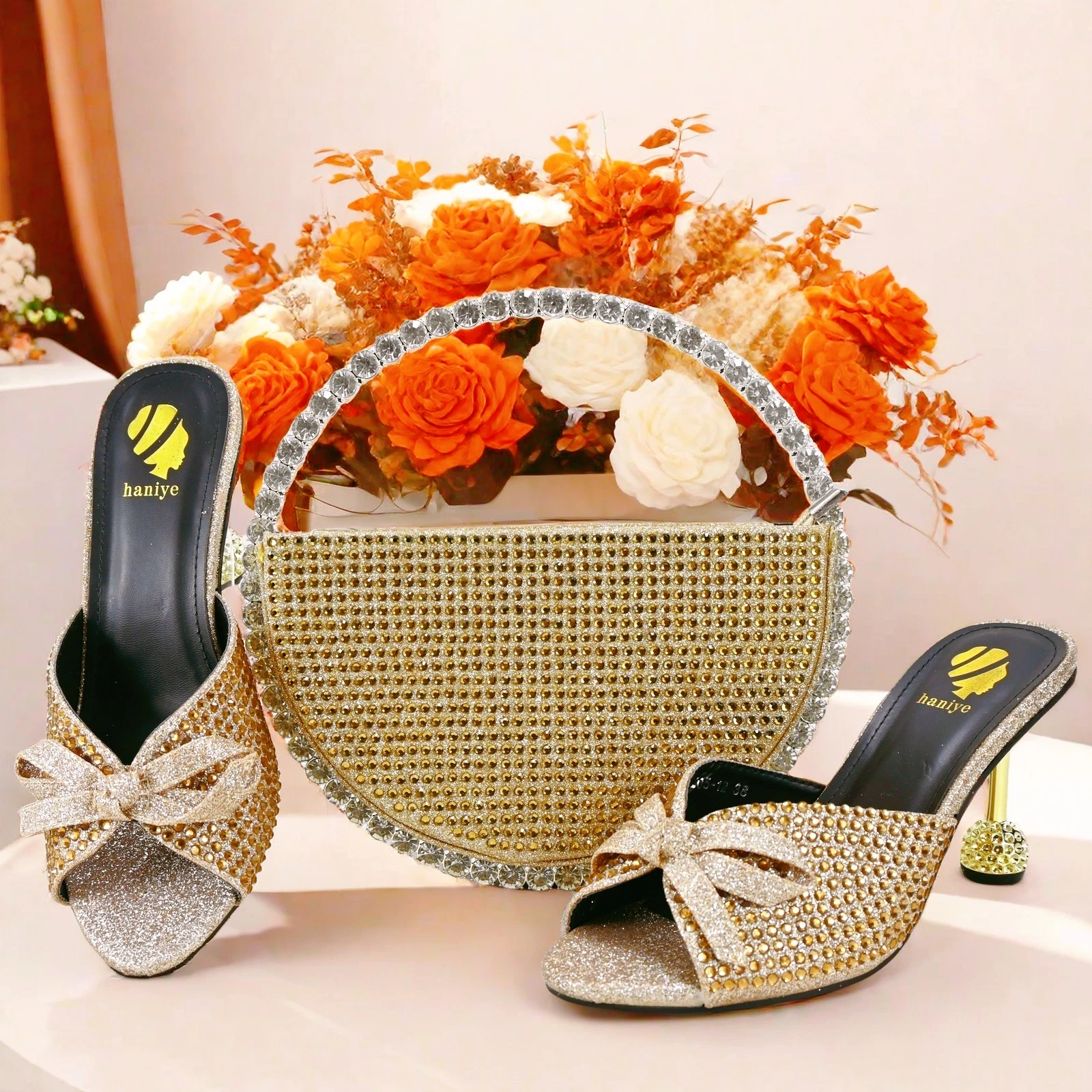 doershow beautiful Italian gold Shoes And Bag Sets For Evening Party With Stones Italian Leather Handbags Match Bags!  SGV1-1