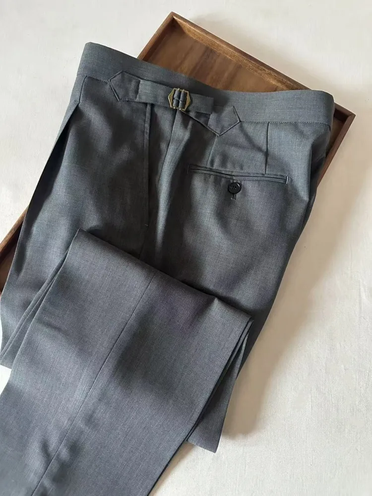 Spring Summer Office Men Classic Vintage Gray Suit Pants Italian Style Wool Linen High Waist Comfortable Work Straight Trousers