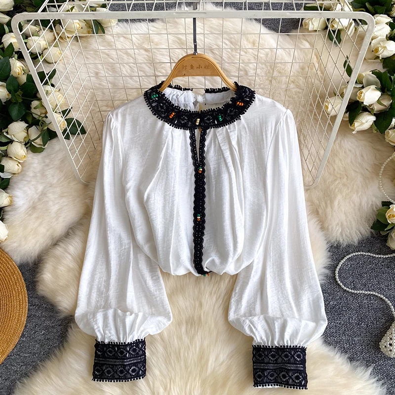

Bohemian Retro Lace Black Breathable Long Sleeved Shirt for Women's Spring Summer Versatile Commuting Loose Blouse Top D92