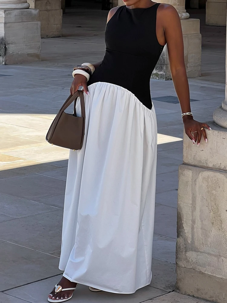 Vestido de fiesta drapeado sin mangas informal para mujer, vestido sin mangas de retazos con colores contrastantes, vestido largo con cuello redondo y cintura alta a la moda